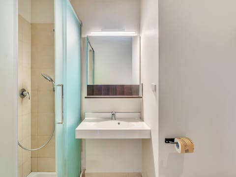 Shower, hair dryer, bidet, towels