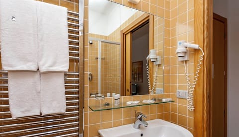 Shower, rainfall showerhead, hair dryer, slippers