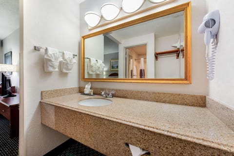 Combined shower/tub, free toiletries, hair dryer, towels