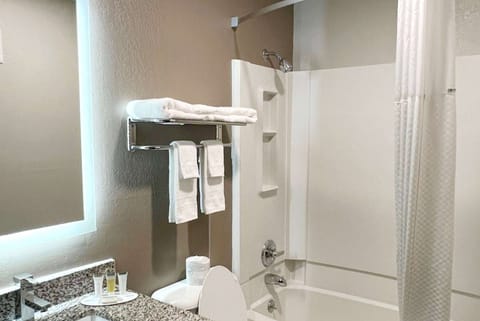 Combined shower/tub, free toiletries, hair dryer, towels
