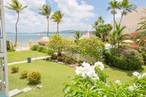 The view from the porch to pool & ocean towards Christiansted & Buck Island