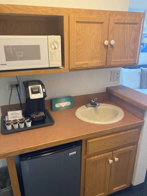 Mini-fridge, microwave, coffee/tea maker