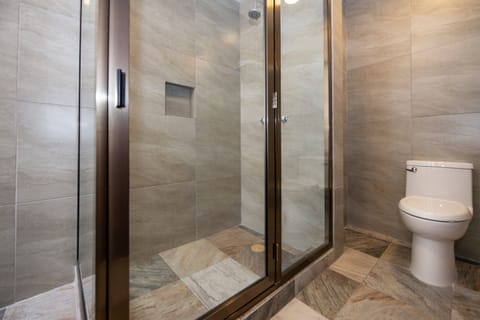 Rainfall showerhead, free toiletries, hair dryer, towels