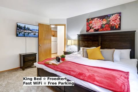 43in 4K TV in bedroom with ability to login to your own Youtube TV, Disney+ and Netflix or other streaming account. Rotates to make viewing comfortable.