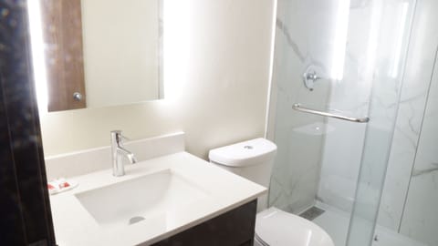 Combined shower/tub, free toiletries, hair dryer, towels