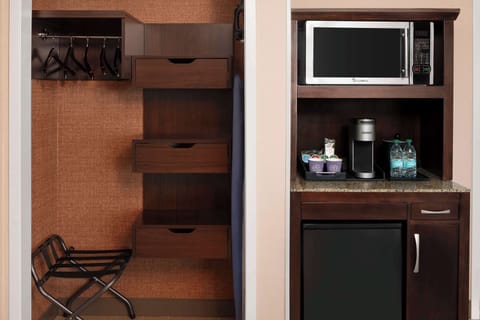 Down comforters, desk, laptop workspace, blackout drapes