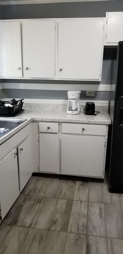 Kitchen - pots & pans, dishes & flatware, coffee maker & toaster, fridge & stove