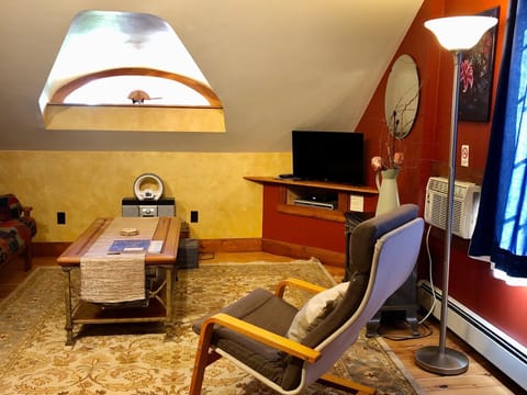 Living room with angled skylight, patterned area rug, wooden coffee table, and cushioned armchair by floor lamp.