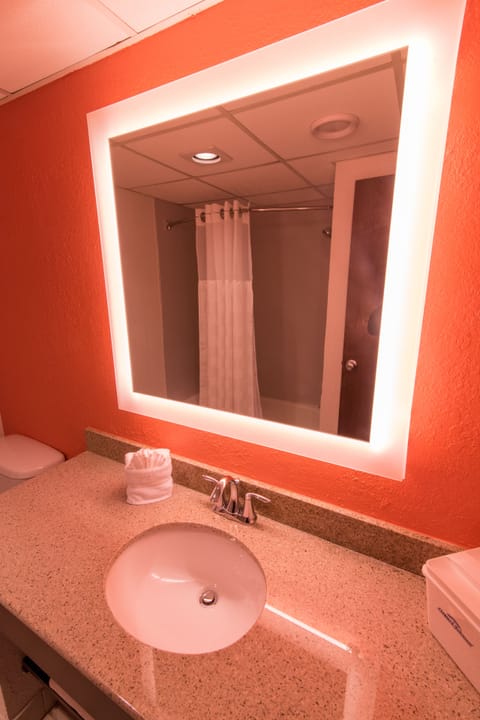 Combined shower/tub, free toiletries, hair dryer, towels