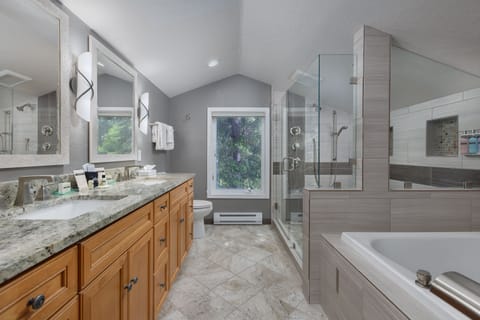 Designer toiletries, hair dryer, bathrobes, towels