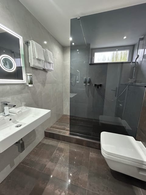 Hair dryer, towels, soap, shampoo