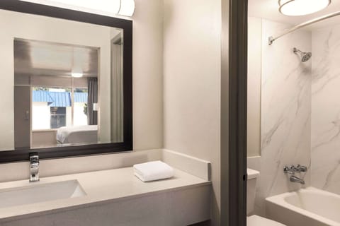 Combined shower/tub, free toiletries, hair dryer, towels