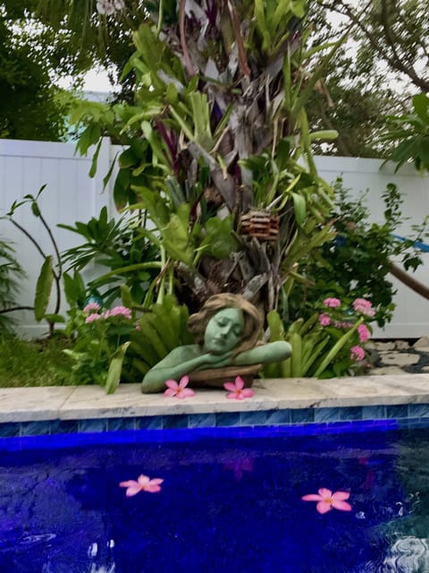 Beautiful Statues line this amazing heated pool. Garden writers yard complete