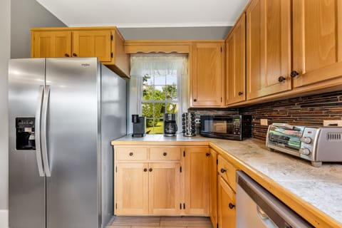 Coffee pot, Keurig, toaster oven, microwave, basic spices