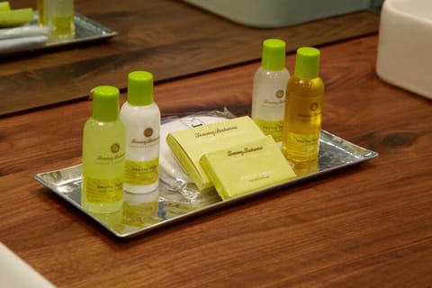 Shower, rainfall showerhead, designer toiletries, hair dryer