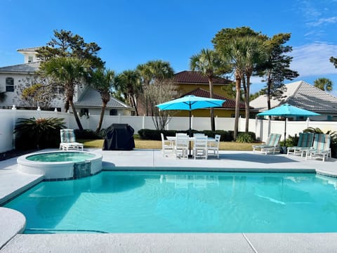 The pool measures 28' x 14' and is 5ft at the deep end, 3ft at the shallow end