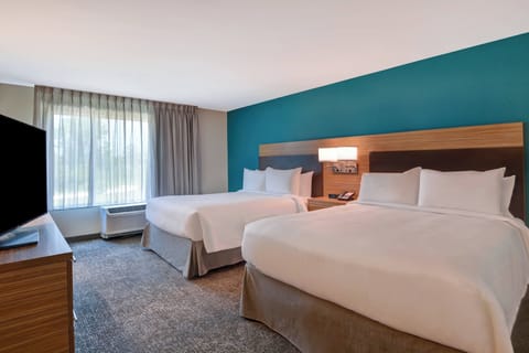 Desk, laptop workspace, blackout drapes, iron/ironing board