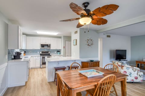 The downstairs unit living area and kitchen.