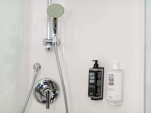 Shower, eco-friendly toiletries, hair dryer, towels