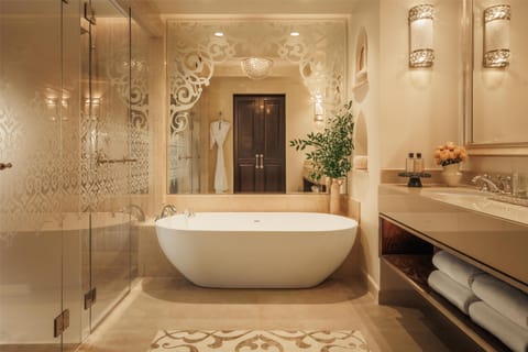 Separate tub and shower, deep soaking tub, designer toiletries