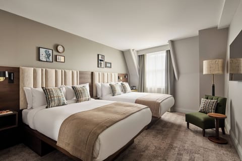 Premium bedding, desk, laptop workspace, iron/ironing board