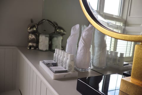 Combined shower/tub, free toiletries, hair dryer, towels