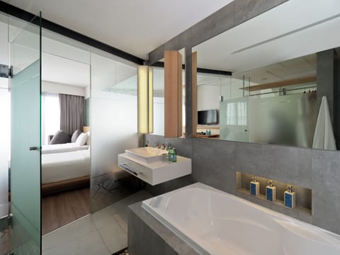 Shower, rainfall showerhead, eco-friendly toiletries, hair dryer