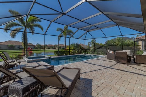Spacious pool deck with plenty of seating
