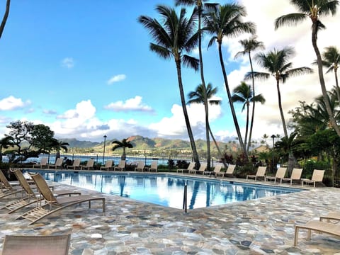 Large relaxing pool with awesome view of the ocean.