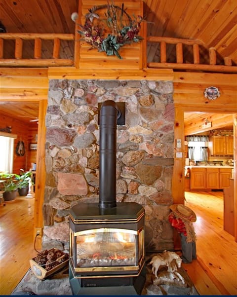 Living area’s gas stove.  Sleeping loft at top. 