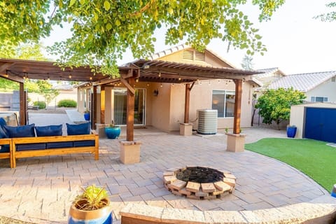 Backyard with wood burning fireplace