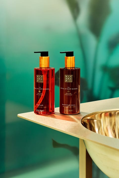 Shower, rainfall showerhead, free toiletries, hair dryer