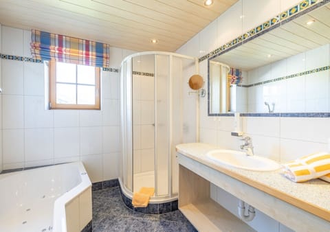 Junior Suite (Haupthaus) | Bathroom | Hair dryer, towels, soap, shampoo