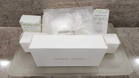 Shower, rainfall showerhead, designer toiletries, hair dryer