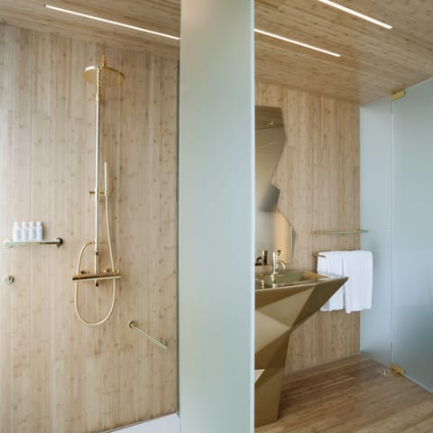 Studio | Bathroom | Shower, rainfall showerhead, designer toiletries, hair dryer