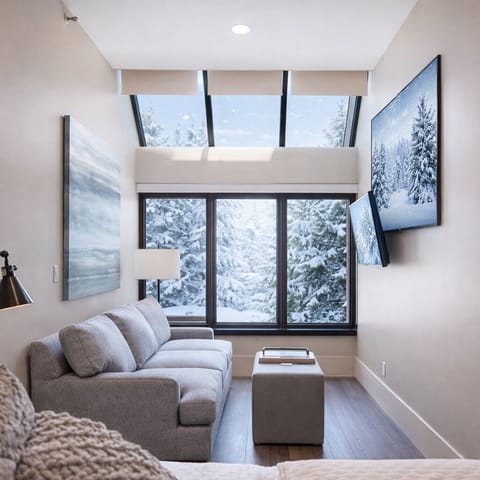 Relax in this cozy living space with stunning snowy mountain views from large windows. Enjoy entertainment on two wall-mounted TVs. The perfect, serene Park City escape.