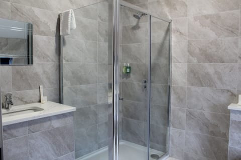 Shower, hair dryer, towels, toilet paper