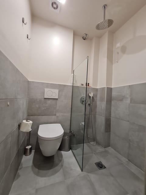 Shower, designer toiletries, hair dryer, towels