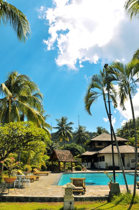 Outdoor pool, pool umbrellas, sun loungers