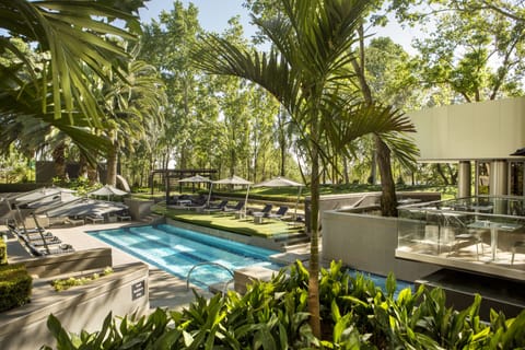 Outdoor pool, pool umbrellas, sun loungers