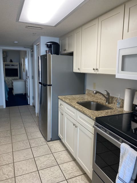 Kitchen has everything to make a meal when you don't feel like going out. 