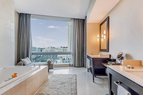 Separate tub and shower, designer toiletries, hair dryer, bathrobes