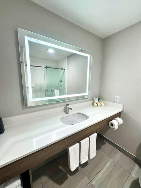 Combined shower/tub, free toiletries, hair dryer, towels