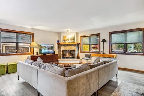 Living Room: L-shaped couch, gas fireplace, TV, ample natural light
