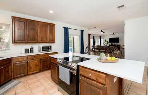 Kitchen peering into the living space