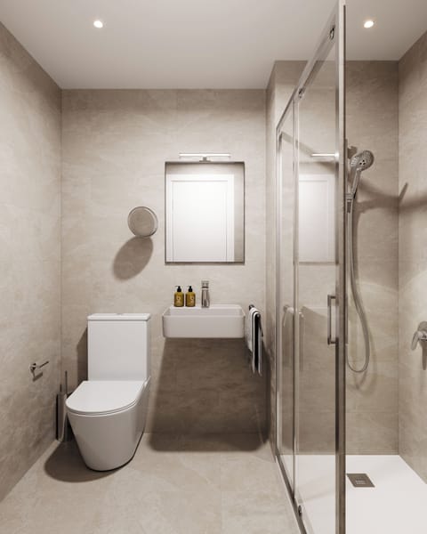 Shower, eco-friendly toiletries, towels