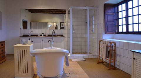 Separate tub and shower, free toiletries, hair dryer, towels