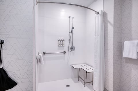 Standard Room, 1 King Bed, Accessible (Roll-In Shower) | Bathroom | Hair dryer, towels, soap, shampoo