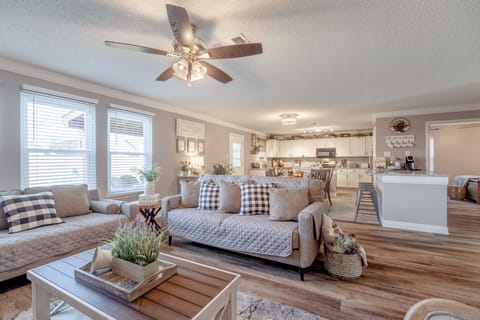 Open floor plan opens living room into kitchen