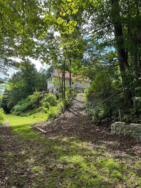 From lake access point looking up the steep hill to cottage